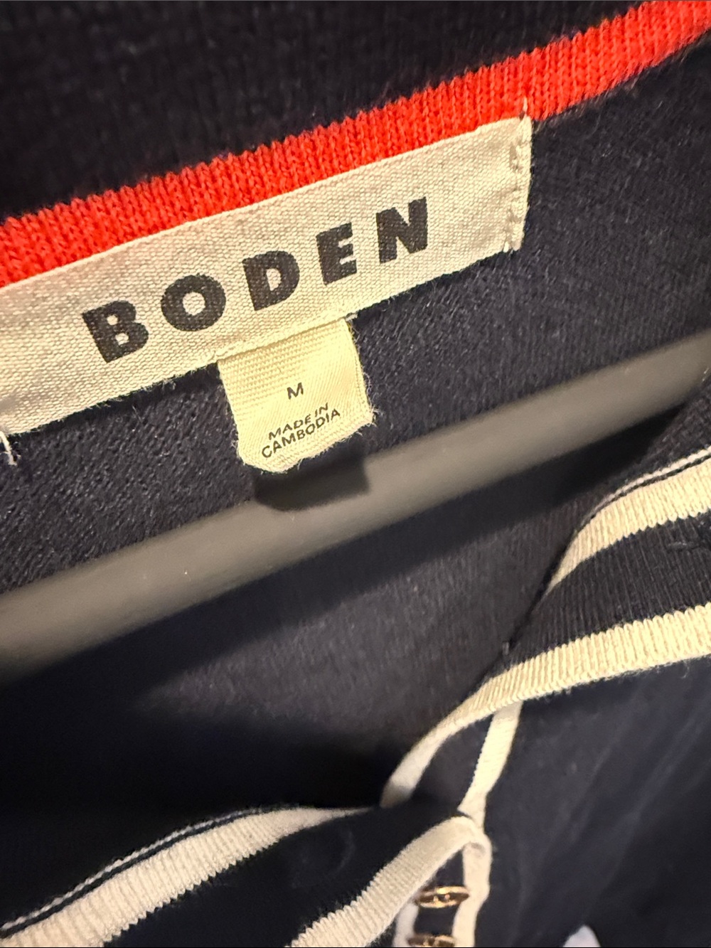 Boden Navy Crewneck Polo Sweater with White Trim and Red Neckline Accent - Picture 2 of 5